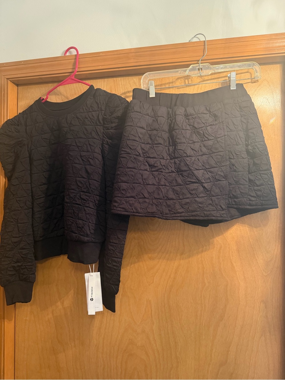 Quilted Black Mini Skirt and sweater outfit - Womens